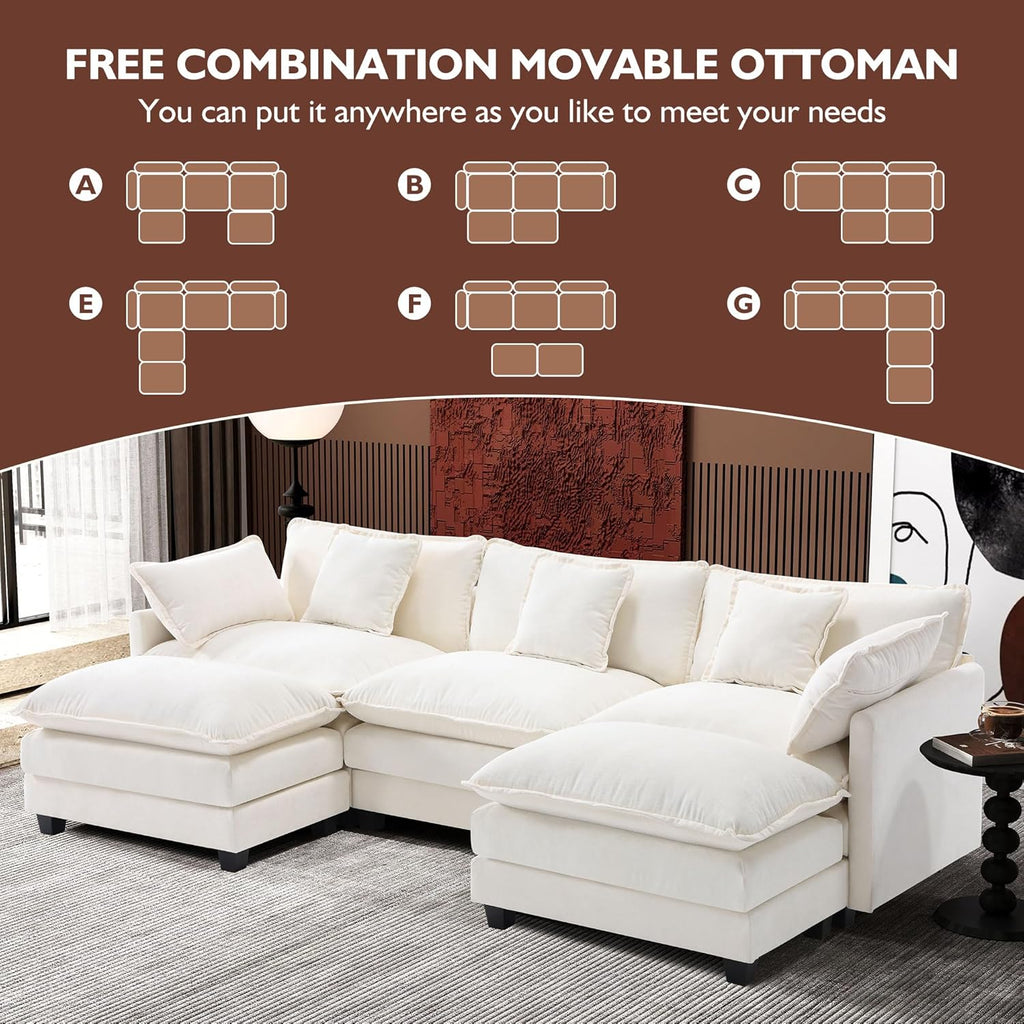 111.4" U Shaped Cloud Couch Modern Modular Sectional Sofa with 2 Ottoman, 5-Seat Chenille Deep Seat Sofa with 5
