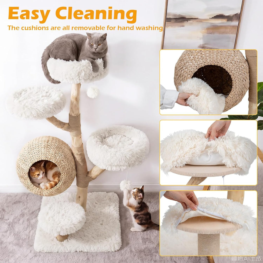 53-inch Wood Cat Tree, Multi-Level Modern Wooden Cat Tower, White