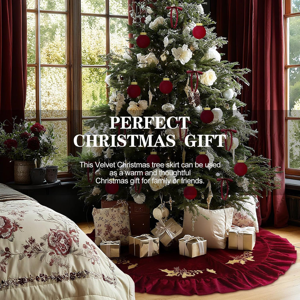 Christmas Tree Skirt, 72 Inches, Gold Embroidered Holly Style, Red