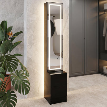 LED Full Length Mirror Jewelry Cabinet with Storage, 3 Color Adjustable Lighting Dressing Mirror Armoire, Large