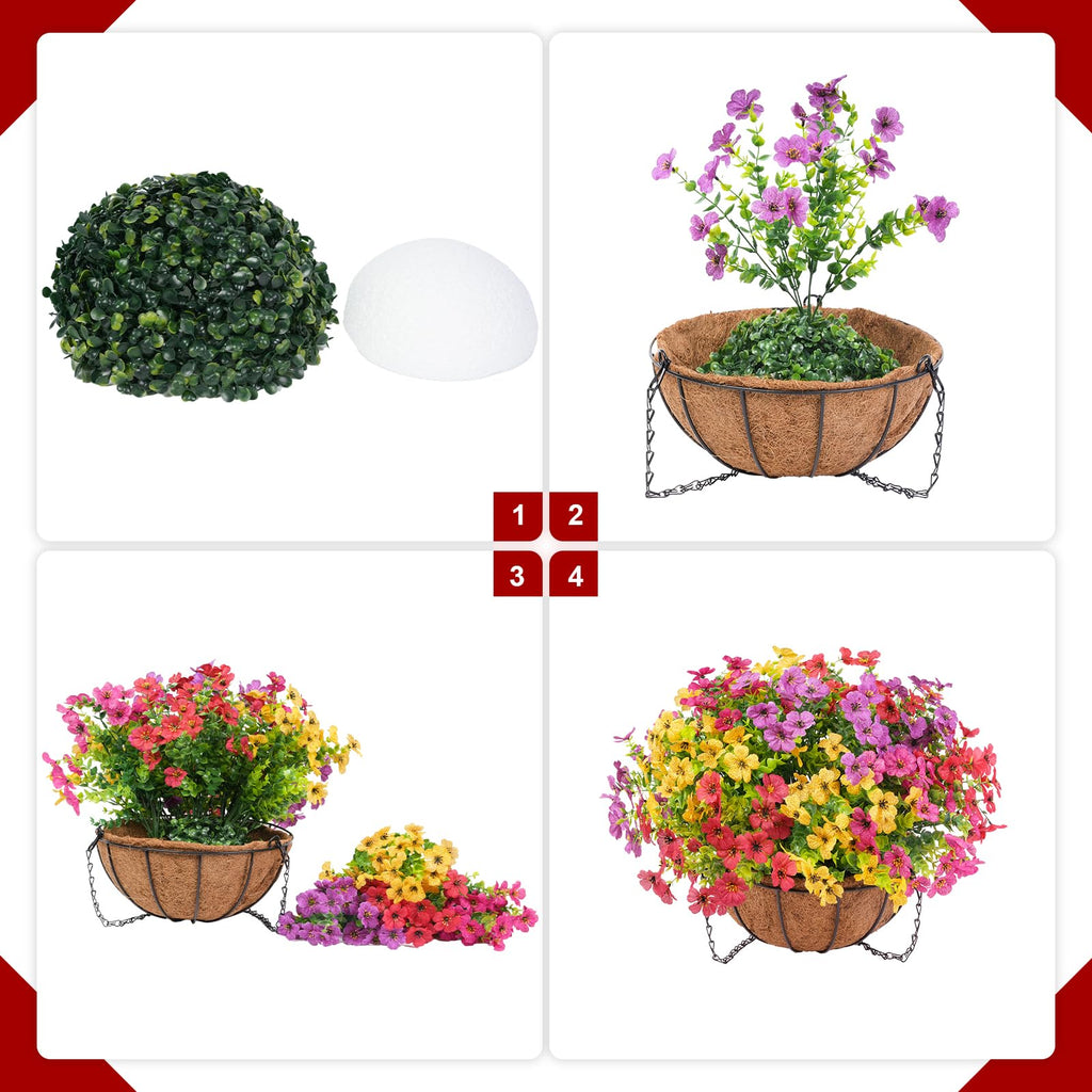 2 Set Artificial Flowers Faux Hanging Plants Basket for Spring Summer Outdoor Outside Decoration, Fake Silk UV Sun