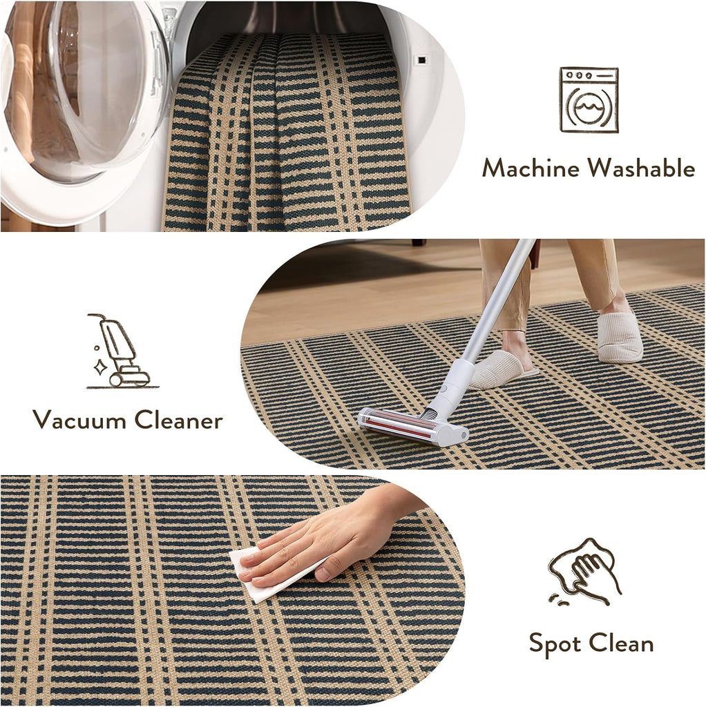Striped Easy Jute Outdoor Rug, Black Washable Rugs Living Room, Indoor Outdoor Non Slip Area Rug, Farmhouse