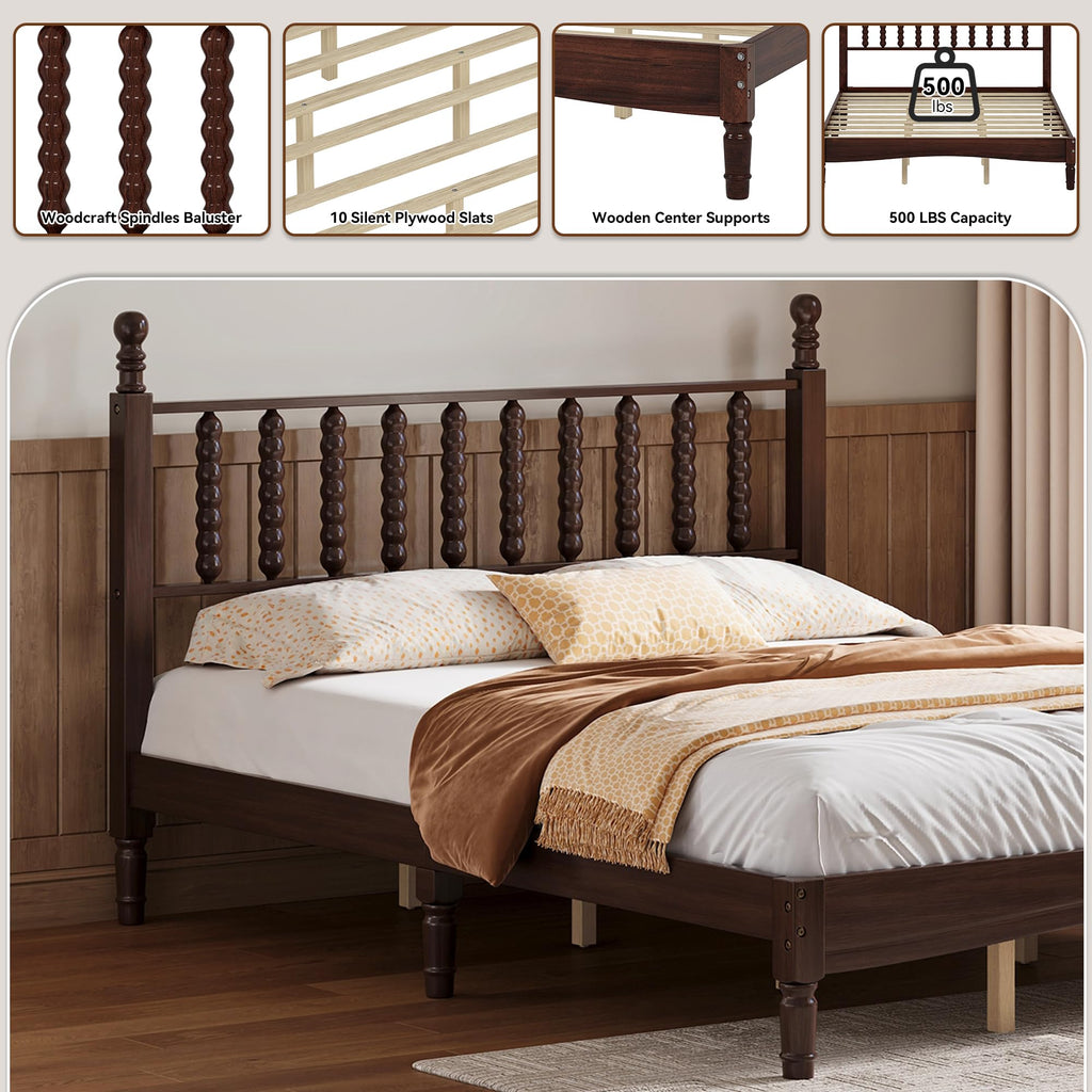Walnut Spindle Bed Frame Queen Size with Wooden Headboard