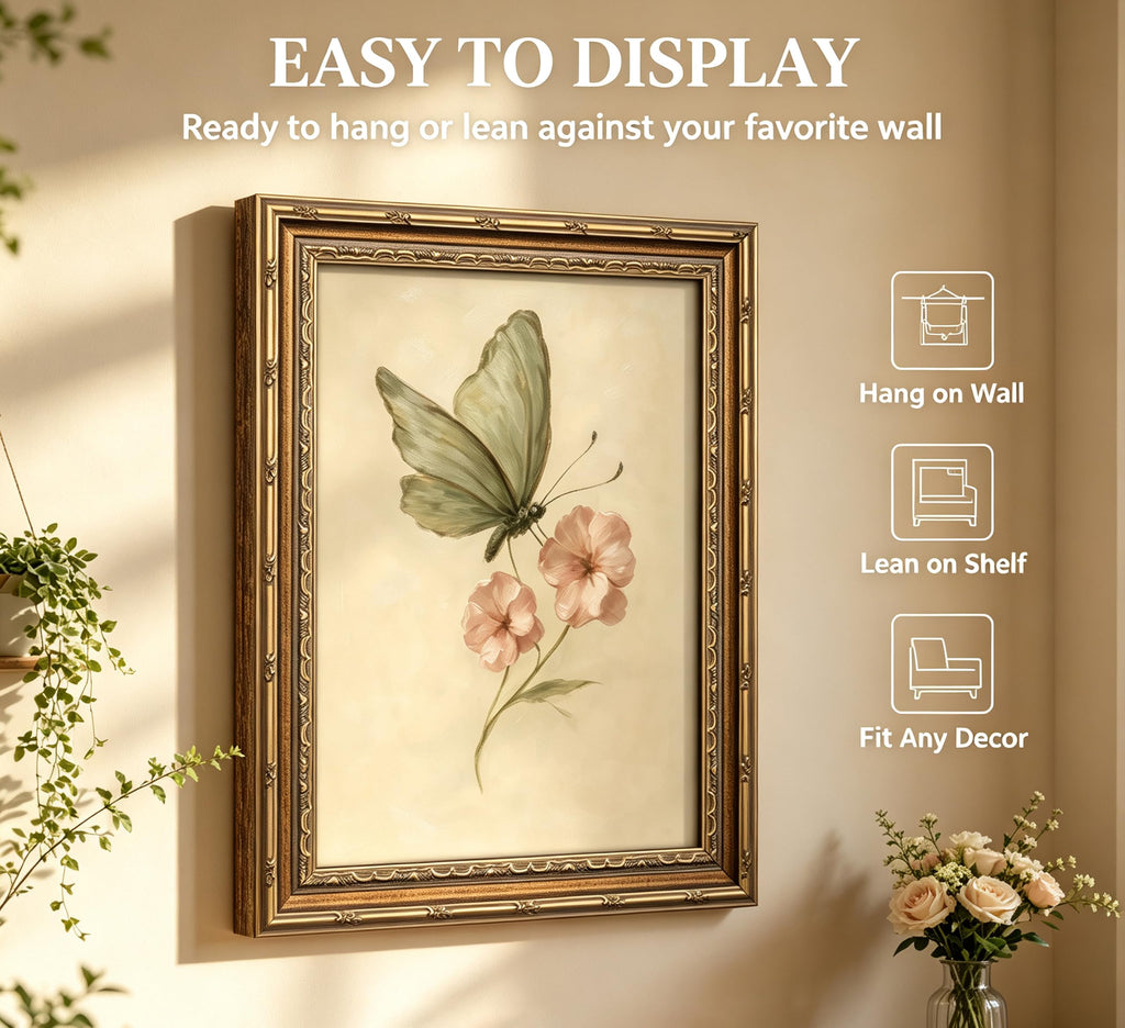 Vintage Gold Framed Wall Art, Retro Butterfly and Pink Flower Oil Painting Canvas Prints, Beige Insect Picture