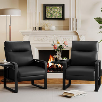 Upholstered Living Room Chair Armchair, Mid Century Faux Leather Metal Accent Chair, Reception Couch Slipper - Set of 2