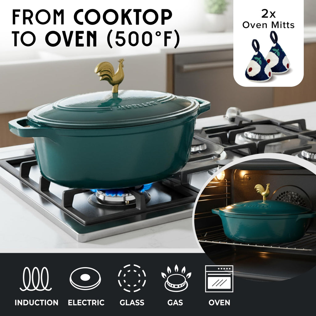 5.5 Quart Enameled Cast Iron Oval Dutch Oven with Rooster Knob and Cotton Potholders, Heavy-Duty Cookware