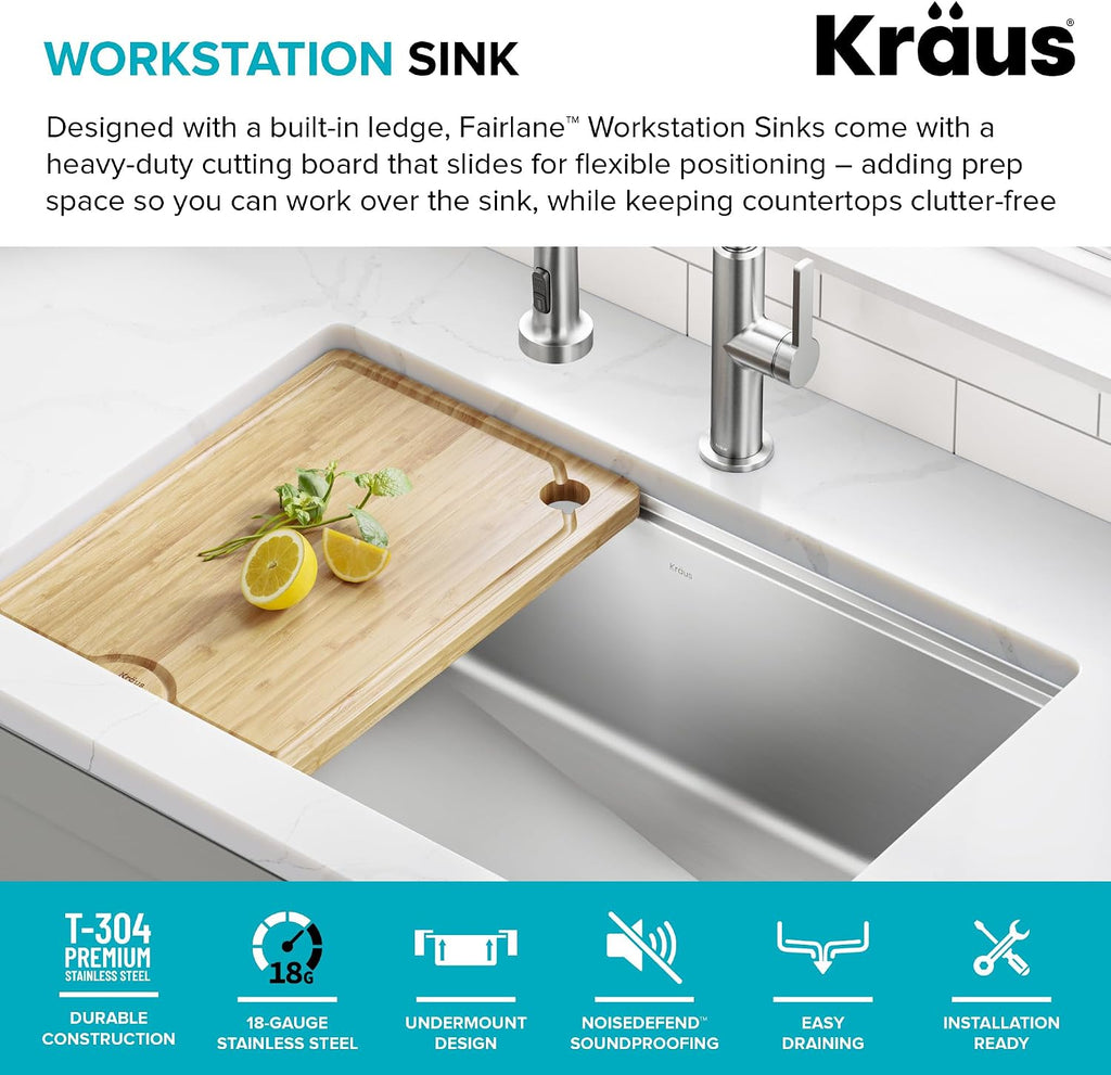 Fairlane 32 in Undermount Workstation Single Bowl 18-Gauge Stainless Steel Kitchen Sink with Accessories, KWU610-32