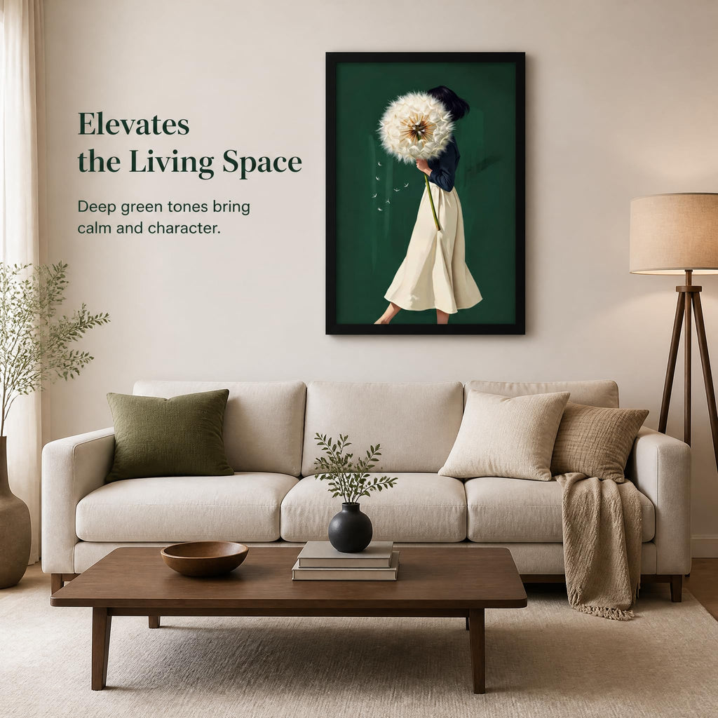 Framed Emerald Green Wall Art Woman With Dandelion Art Prints Modern Women's Minimalist Pictures Soft Botanical