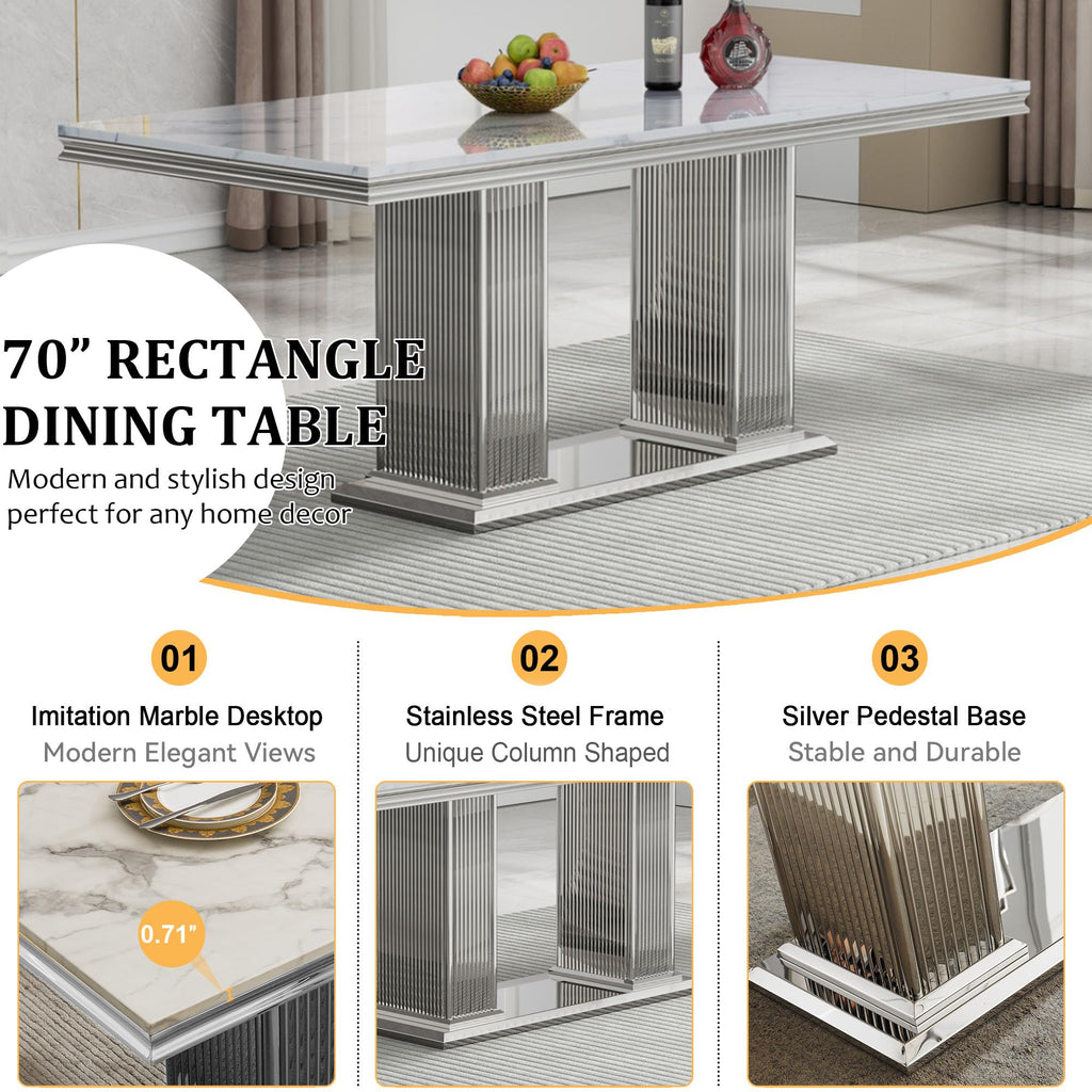 Marble Dining Table for 6-8 Modern Kitchen Table with Silver Stainless Steel Double Column Pedestal Luxury 70""