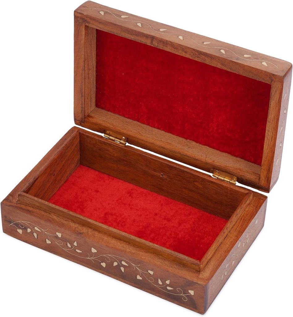 Hand Carved Wooden Decorative Jewelry Storage Box with Floral Carvings Design Brass Inlay Keepsake Travel Treasure