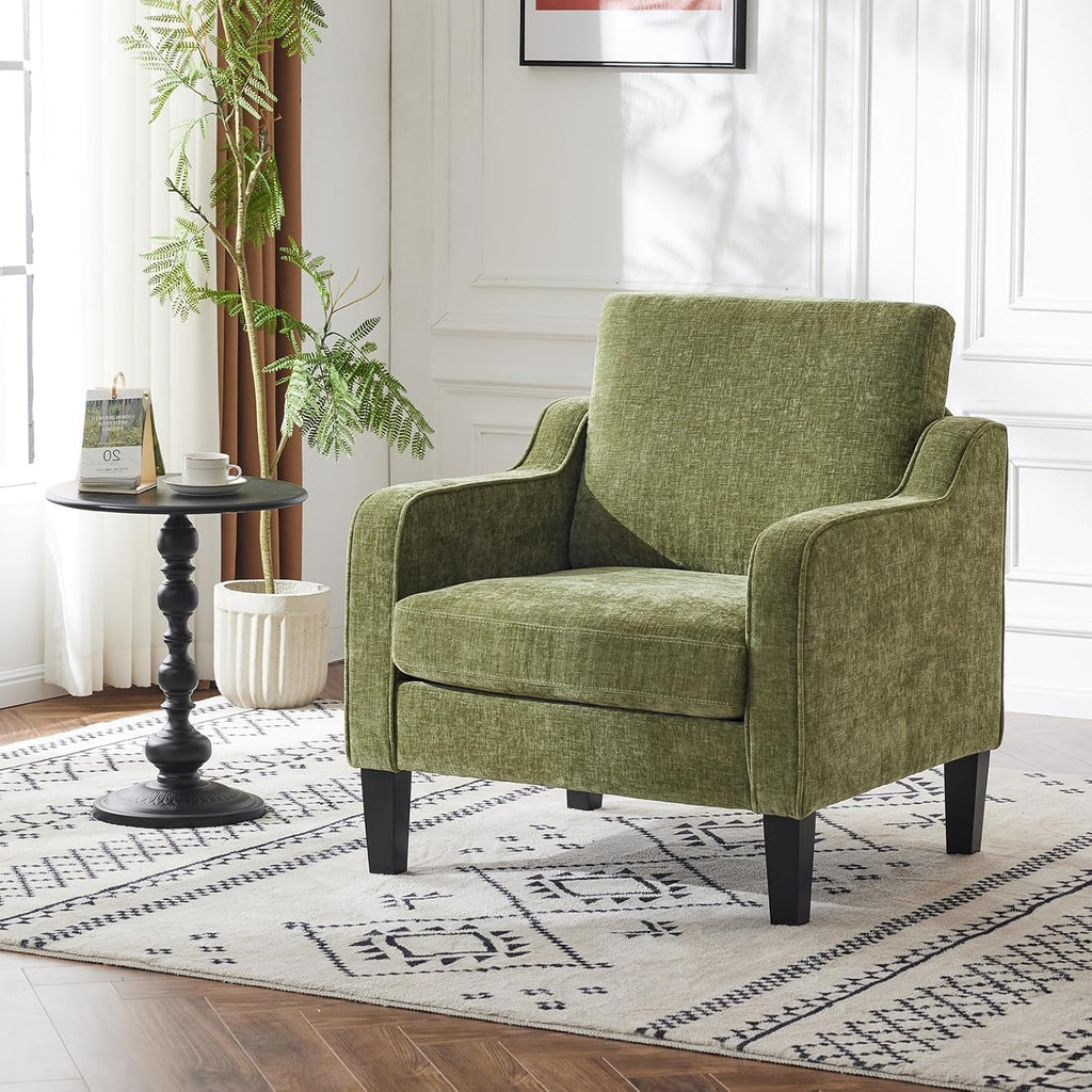 Chair Olive Green Upholstered Chenille Accent Chair , Mid-Century Modern Arm Chair Comfy Reading Chair with Scooped