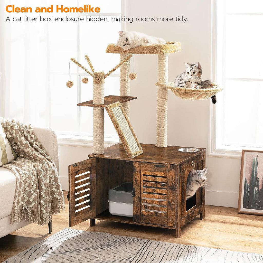 Cat Tree with Litter Box Enclosure, 44" Tall Wooden Cat Tower with Scratching Posts, Cat Hammock, Hidden Litter Box