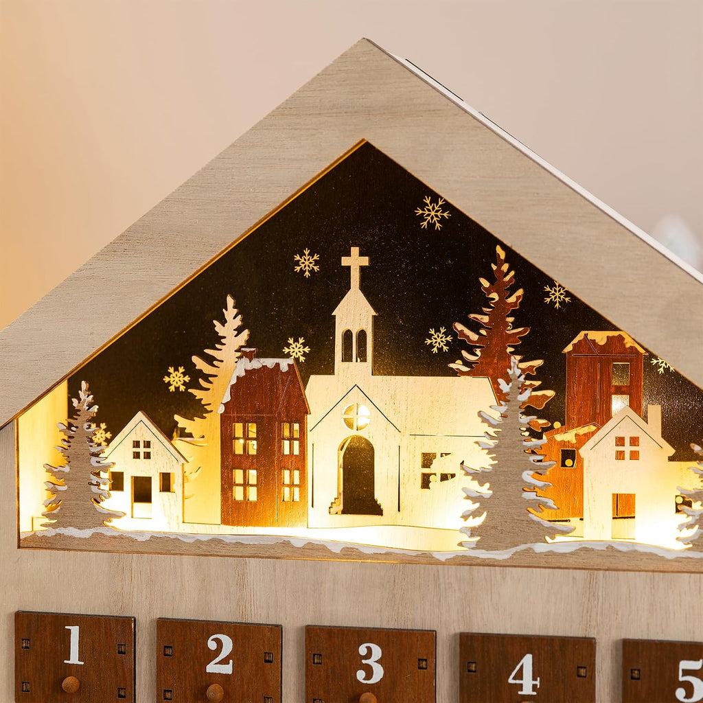 15.75"H Christmas Lighted Wooden Village Advent Calendar,Christmas Countdown Calendar with Drawers,Winter Village