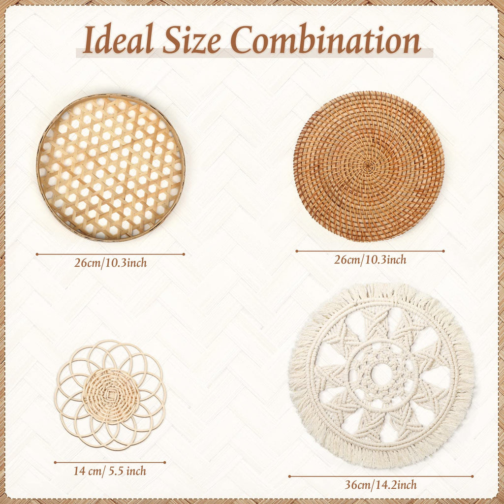 4 Pack Wall Baskets Decor, Round Rattan Bamboo Woven Boho Set