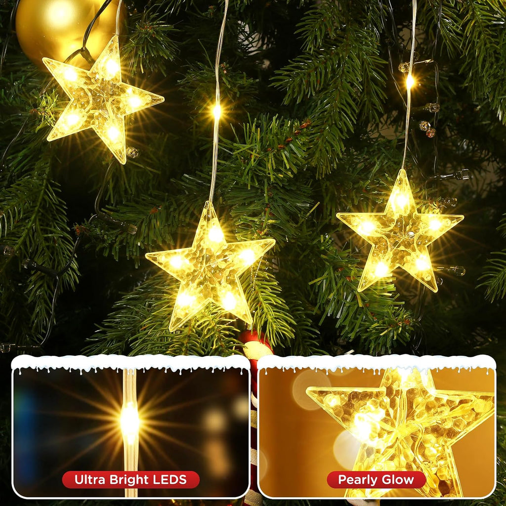 Christmas Window Lights, 76LED 9 Stars IP65 Battery Operated Star Curtain Lights 11 Modes with Timer, Xmas Decoration