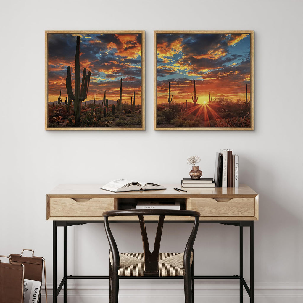 Framed Canvas Print Wall Art Set Desert Sunset Cactus Artwork, Dramatic Sky Southwest Landscape Illustrations Modern