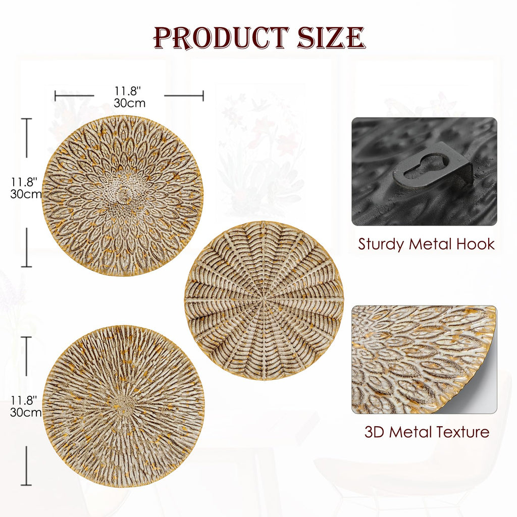 Set of 3 Rustic Floral Round Metal Wall Art - Intricate 3D Design with Sturdy Hooks, Gold and Beige Decorative Plates