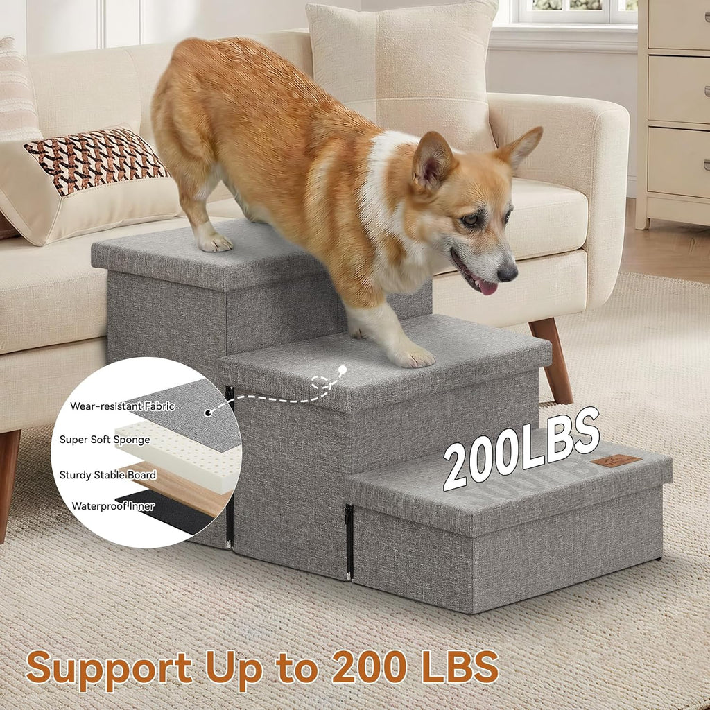 Dog Stairs with Storage, Grey 3 Steps Dog Ramp no Condo for Bed
