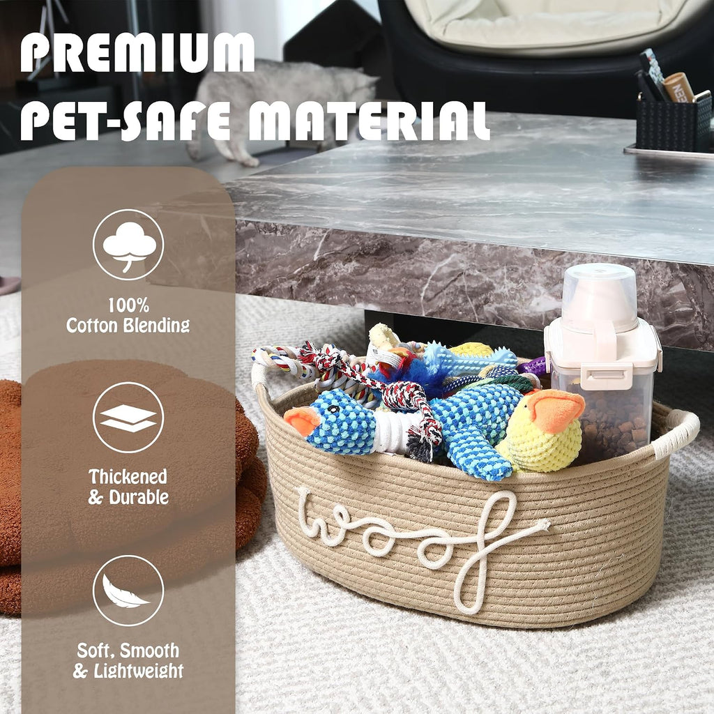 Dog Toy Storage Basket with Handles, Beige Woof