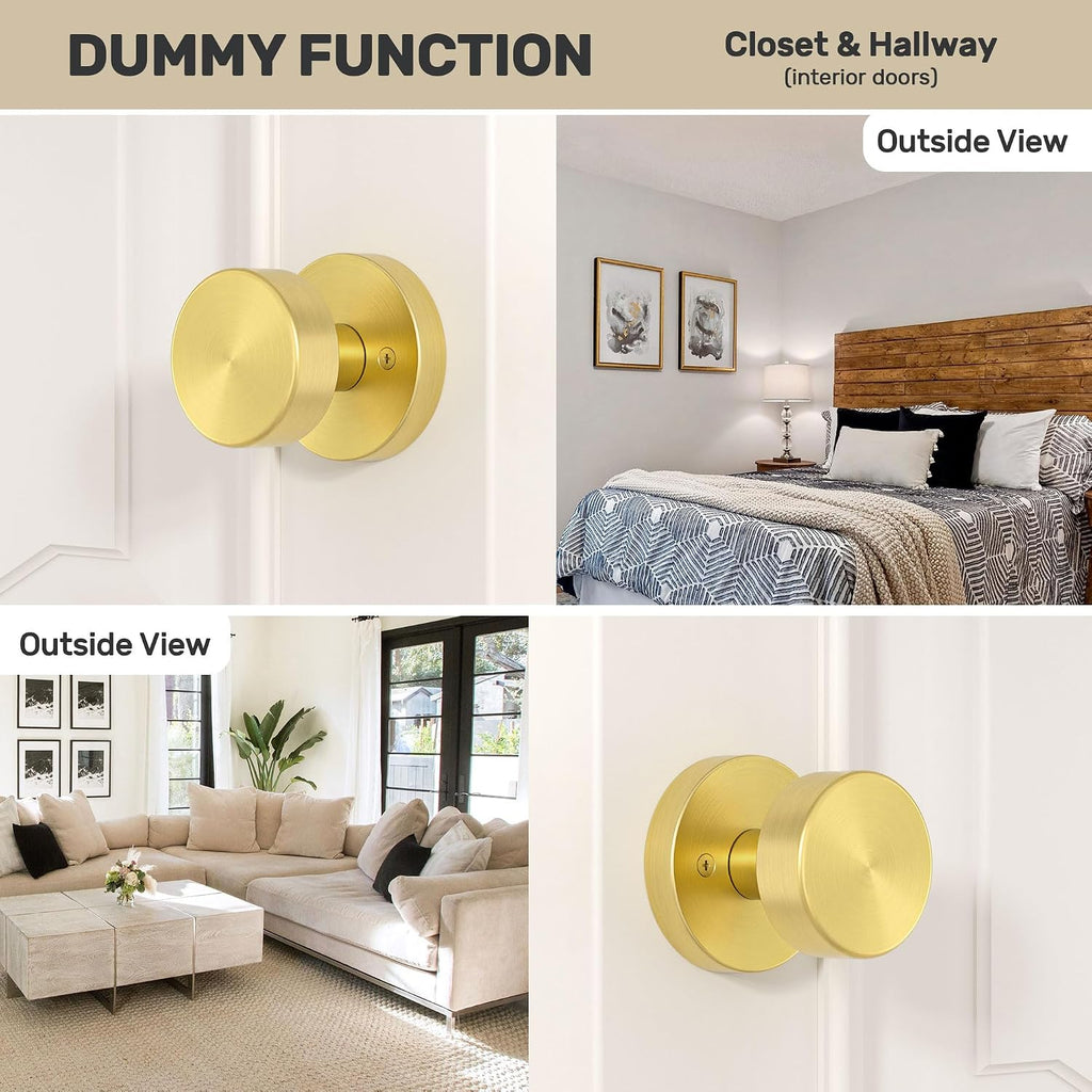2 Pack Gold Dummy Door Knob Satin Brass Dummy Door Knobs Interior, Round Modern Door Knob Brushed Gold Dummy Door
