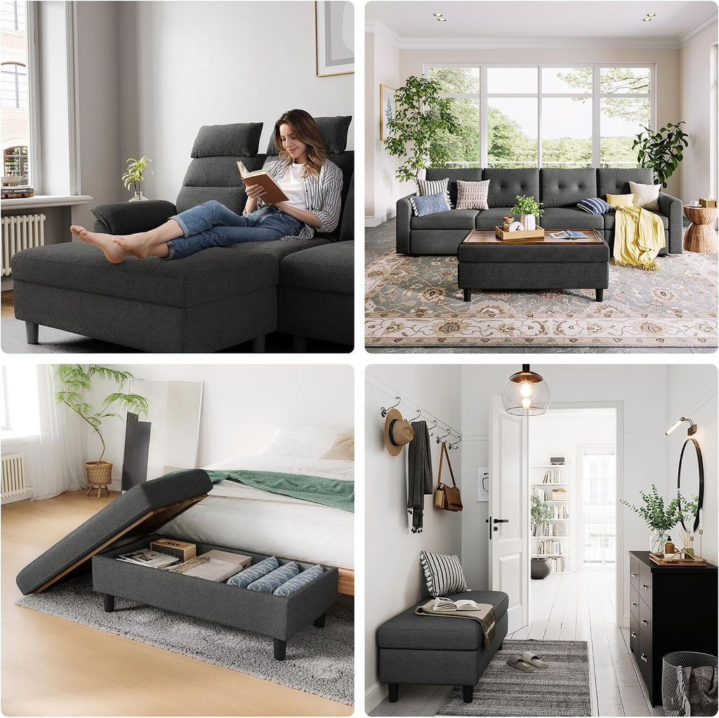 46 Inches Wide Storage Ottoman Bench, Linen Coffee Table Long Shoes Bench Footstool, Storage Chest, Foot Rest Stool
