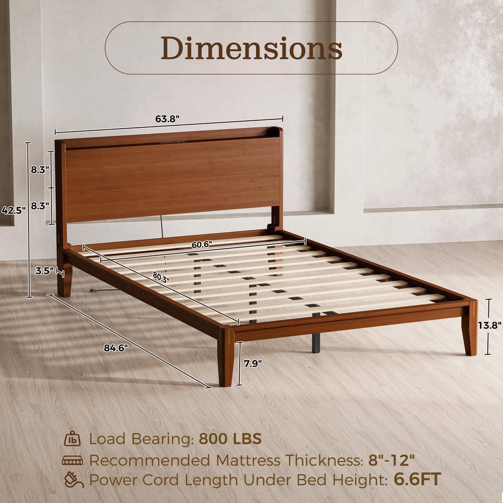 Bamboo Wood Queen Bed Frame with Charging Station & Headboard