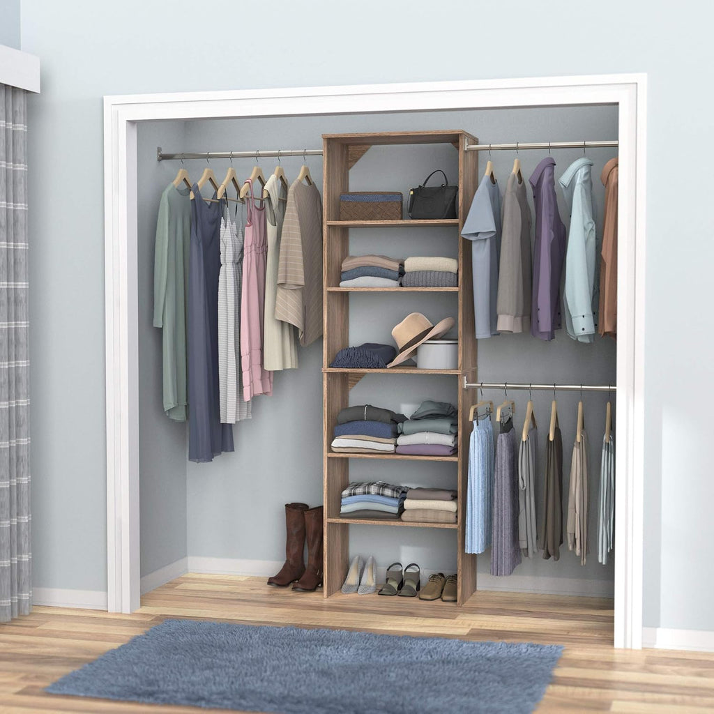 SuiteSymphony Wood Closet Organizer Starter Kit with Tower and 3 Hang Rods, Shelves, Adjustable, Fits Spaces 5 - 10