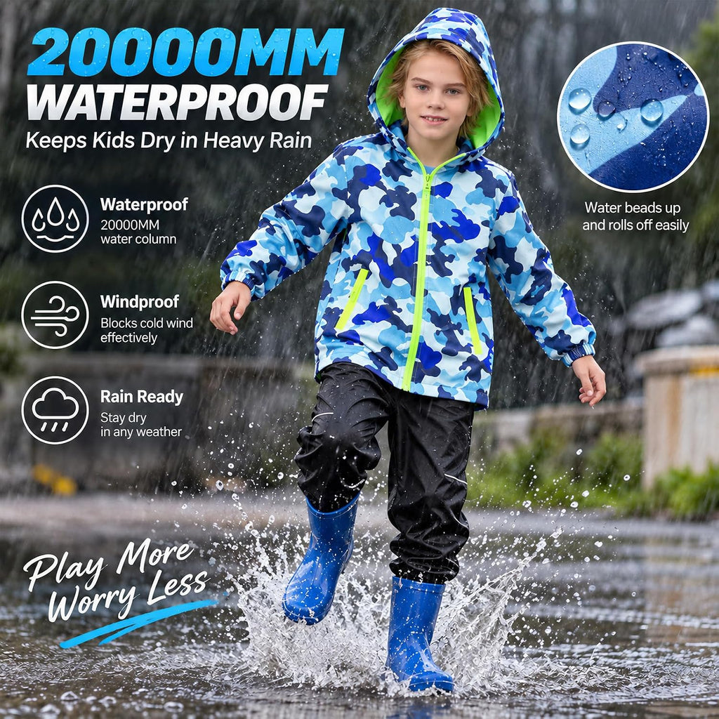 Kids Rain Jacket Waterproof Windbreaker Zipper Coat for Boys Girls
