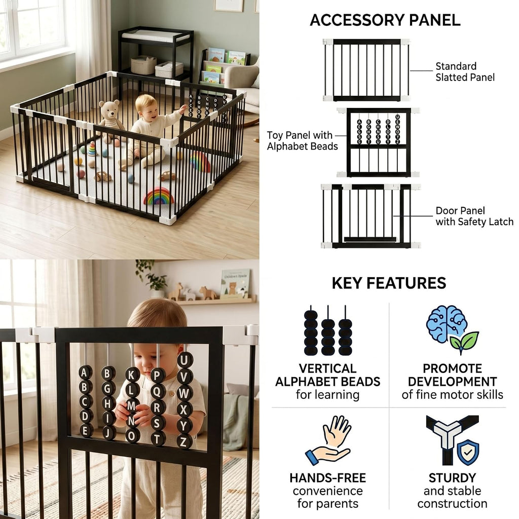 Bamboo Baby Playpen 64x64x26-8 Panel Adjustable Multi-Shape Large Play Yard for Toddlers with Locking Gate