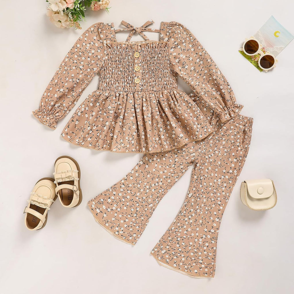 Toddler Girl Outfits Smocked Peplum Top with Kick Flare Pants