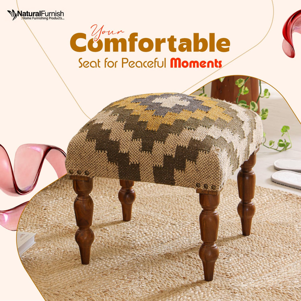 Handmade Jute Upholstered Ottoman Stool | Square Foot Rest with Wooden Legs | Decorative Accent Seating, Vanity &