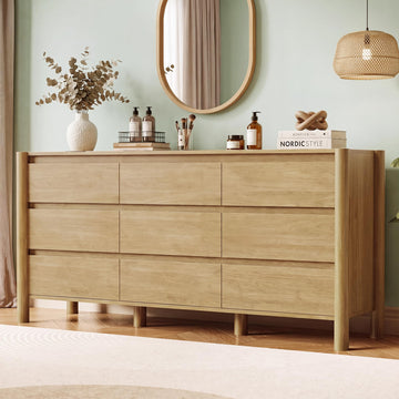 Oak Dresser, 63" Wide 9 Drawer Mid Century Modern Chest