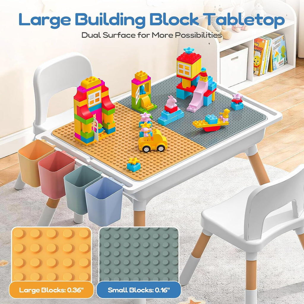 6 in 1 Kids Table and 2 Chairs Set, Dual Size Block Building Desktop
