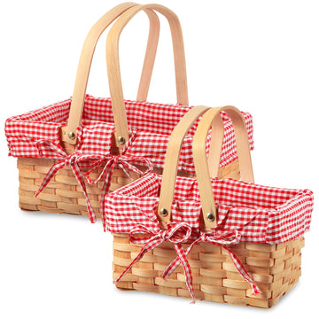 2 Pcs Picnic Basket Set Double Handles, Checkered, Red and White