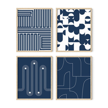 Blue Wall Art Set of 4 - Navy Blue Decor, Geometric Abstract Prints, Modern Wall Art, Aesthetic Wall Decor (Beige