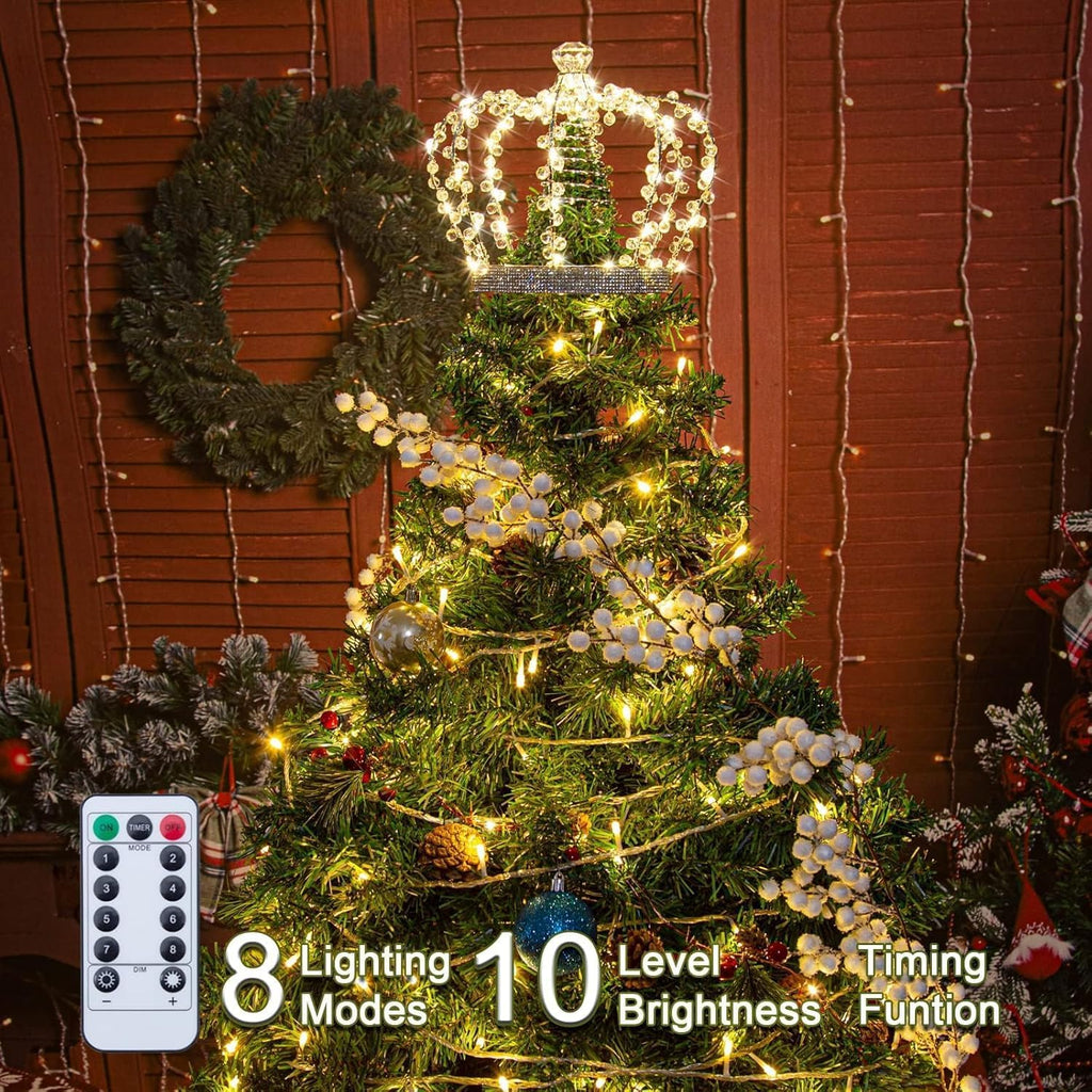 Christmas Tree Topper Star, Jeweled Crown with 60 Warm White LED USB Lighted Tree Topper, Xmas Tree Decor with Remote