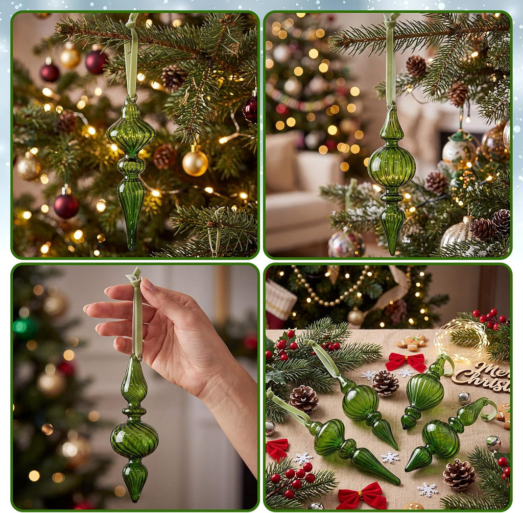 Vintage Glass Finial Christmas Ornaments, Green - Set of 12