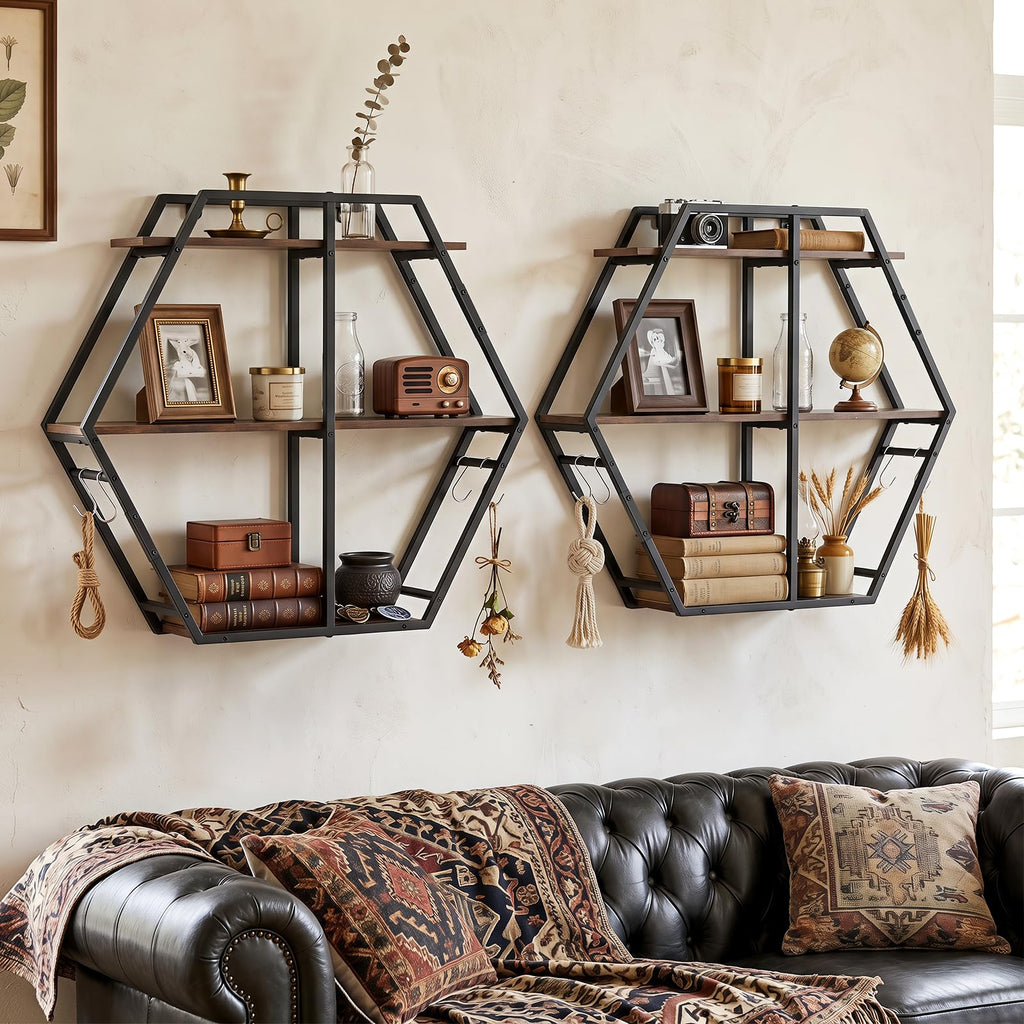 Hexagon Wall Shelf, 3-Tier Geometric Bookcase with 4 S-Shaped Hooks & Heavy Duty Metal Frame, Wall Mounted Industrial