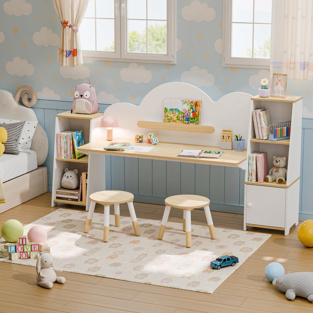 Kids Desk with Storage and 2 Stools, Wooden Children Study Desk and Chair Set with 5 Bookshelves & Cabinets