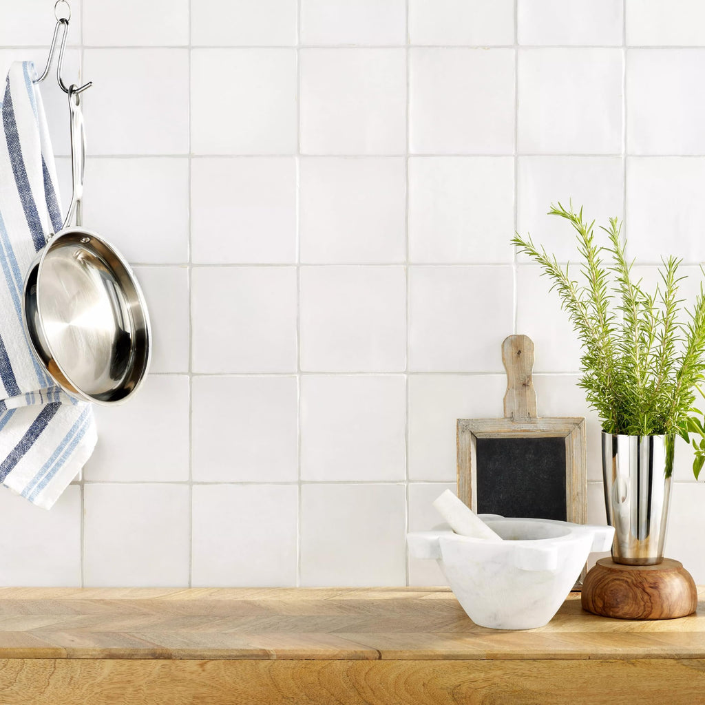 5x5 Glossy White Zellige Look Ceramic Wall Tile - Handmade Style Square Field Tile (4 Pieces)