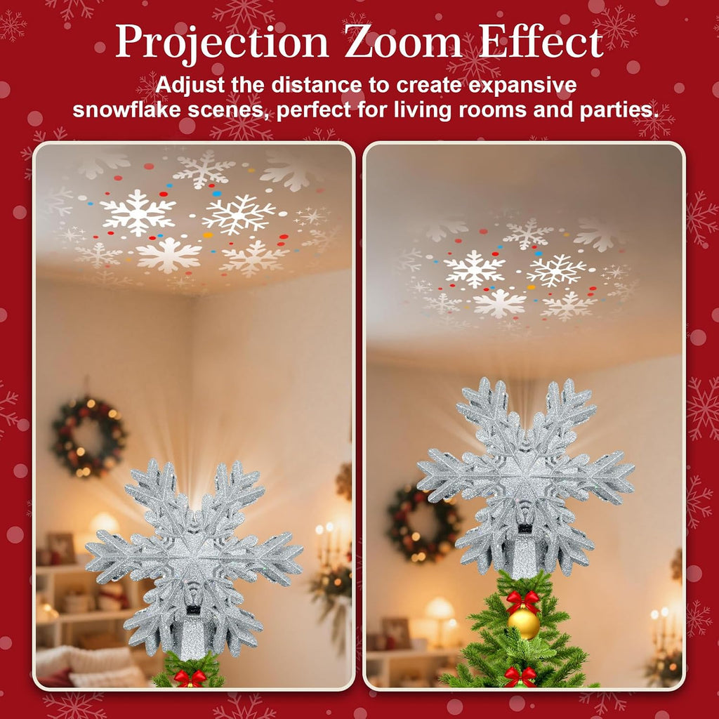 Tree Topper Lighted with LED Rotating Silver Snowflake Projector, 3D Hollow Glitter Lighted Silver Snow Christmas