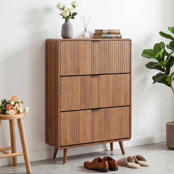 Fluted Shoe Storage Cabinet with 3 Flip Drawers (All Walnut, 3 Drawers)