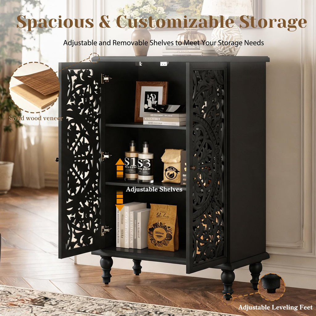 2-Door Accent Cabinet with Hollow Carved Doors and Adjustable Shelf, Farmhouse Carved Sideboard with Turned Legs