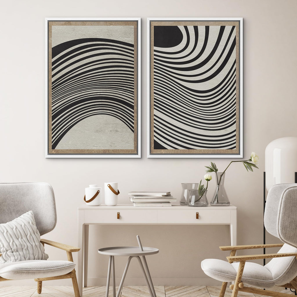 Framed Canvas Print Wall Art Set Mid-Century Spiral Wave Collage Abstract Shapes Cozy Neutral Minimal Decorative