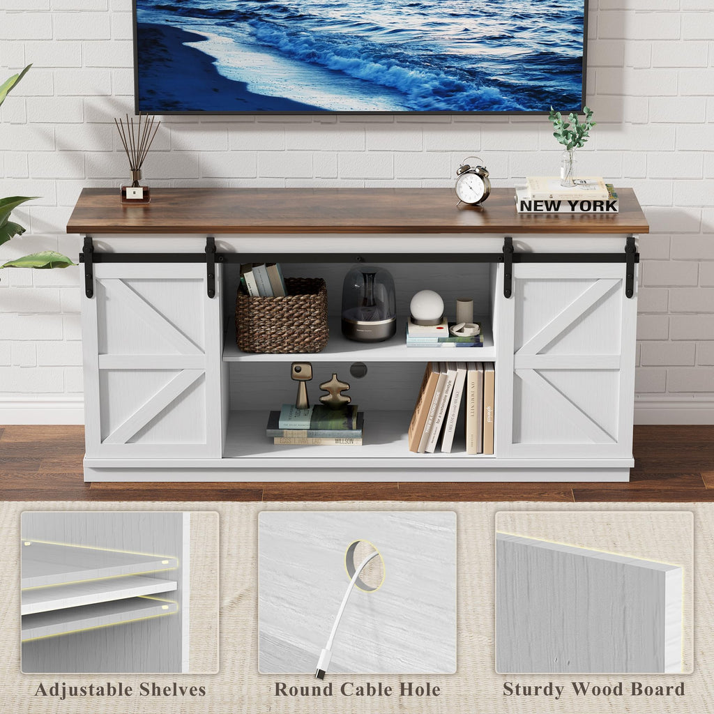 58" Farmhouse TV Stand for TVs up to 65", Sliding Barn Doors, White