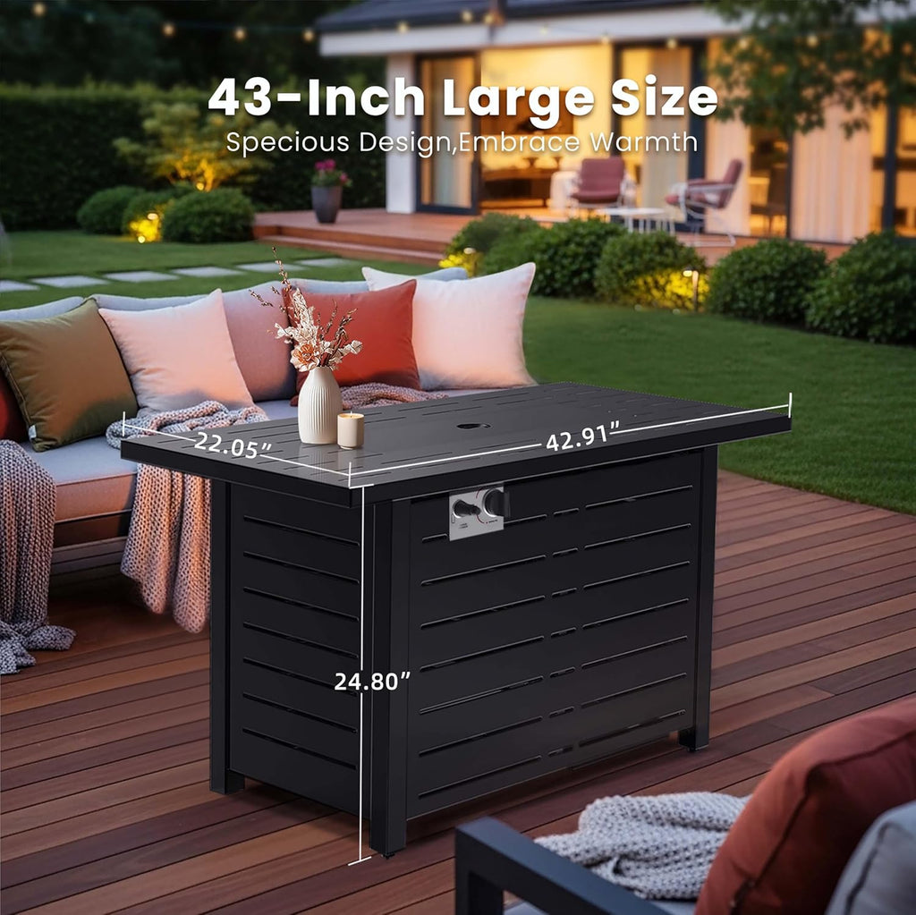 43-Inch Propane Fire Pit Table, 50,000 BTU Outdoor Gas Firepit with Waterproof Cover, Glass Stones, Removable Lid, Cup Holders, 2-in-1 Fire Table for - Image 4