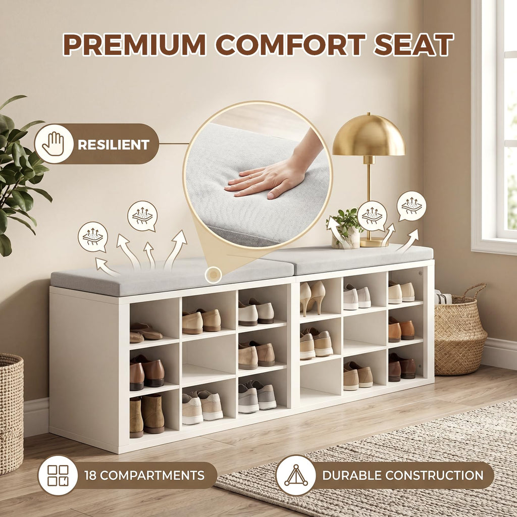 Shoe Rack Bench, Shoe Storage Bench with Cushion, Shoe Organizer 18 Cubbies Hallway Bedroom Living Room, Holds Up to