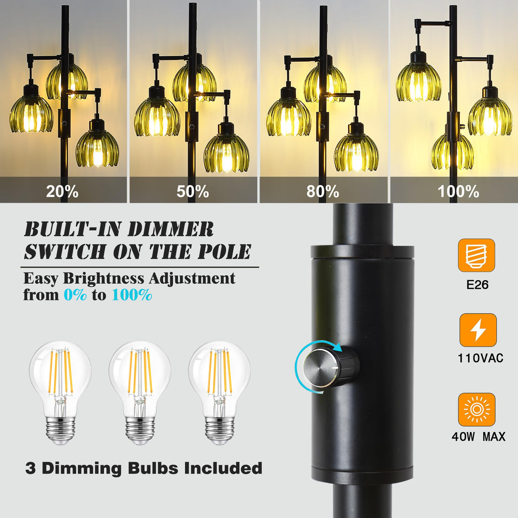 3-Light Dimmable Rustic Farmhouse Tree Floor Lamp, Black