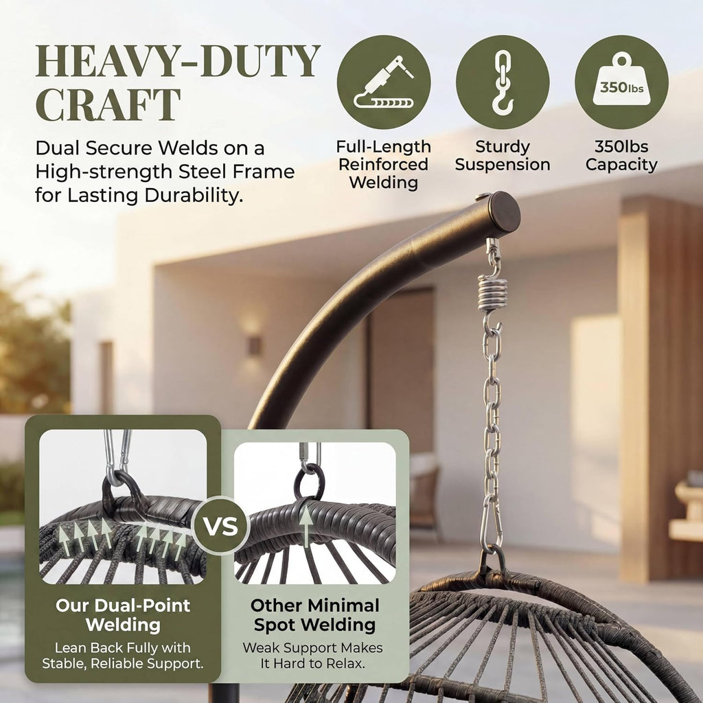 Foldable Outdoor with Stand & Cover, Dark Grey | 350 lbs Heavy Duty, PE Wicker, Foldable, Hanging Hammock Chair with