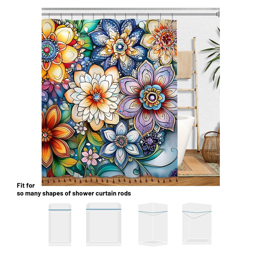 Boho Floral Shower Curtain with Tassels 72X72 Inch Mandala